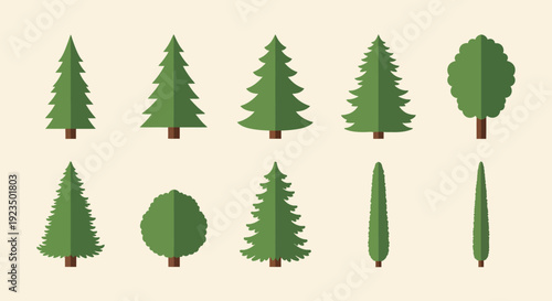 Collection of Various Green Tree Illustrations in Different Shapes and Sizes.