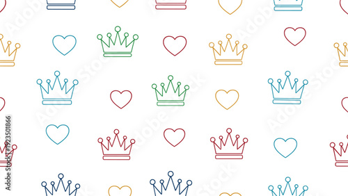 Whimsical seamless pattern featuring a charming arrangement of delicate outlined crowns and hearts in an array of cheerful colors, scattered on a white background.