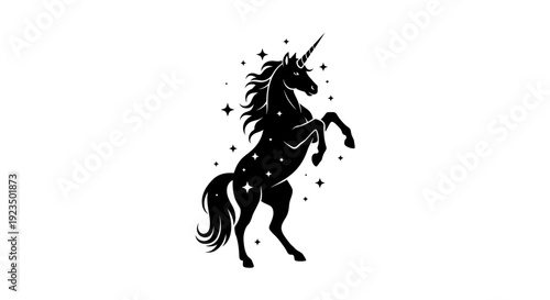 Black silhouette of a unicorn rearing up on hind legs with stars.