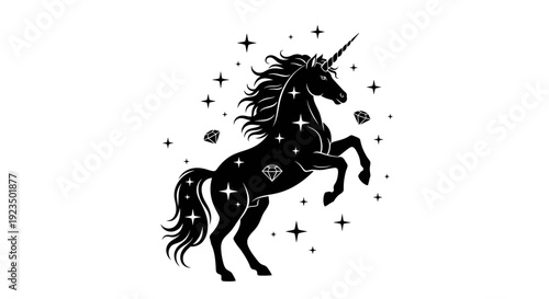 Black silhouette of a unicorn with stars on a white background.