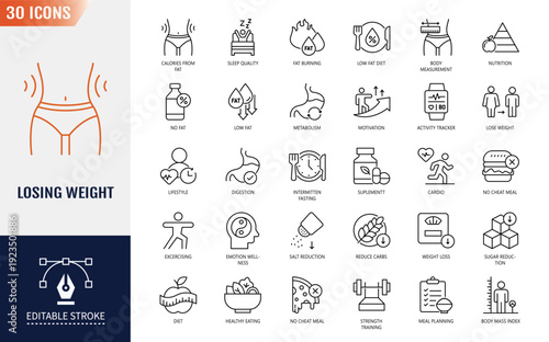 Losing Weight icon set. icons related to Diet, weight loss, nutrition, and more. Outline icon with Editable stroke. Vector illustration