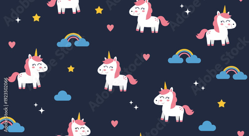 Whimsical Unicorn Pattern with Rainbows and Clouds on Dark Blue Background.