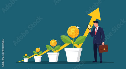 Businessman holding arrow graph with growing plants in pots.
