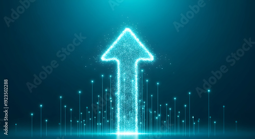 Glowing blue arrow pointing upwards with digital particles on dark background