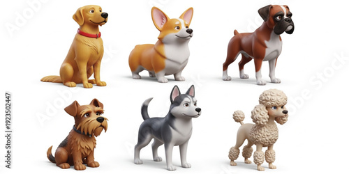 Adorable 3D Cartoon Dog Breeds Character Set with Golden Retriever, Corgi, Boxer, Yorkshire Terrier, Husky, Poodle for Pet Illustrations, Animal Clipart, Children's Books, Social Media Emojis
