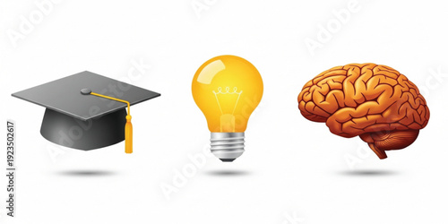 Graduation Cap, Light Bulb, and Human Brain Icon Set Representing Education, Creativity, Knowledge, Intelligence, Learning, Innovation, and Academic Achievement Concepts