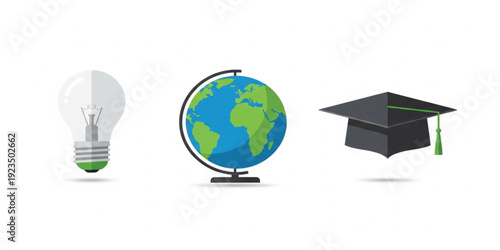 Knowledge and Education Icon Set with Light Bulb Idea, Globe Earth Geography, and Graduation Cap Mortarboard for Learning, School, University, and Global Wisdom Designs