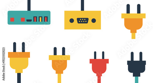Assorted colorful electrical plugs and adapters on white background.