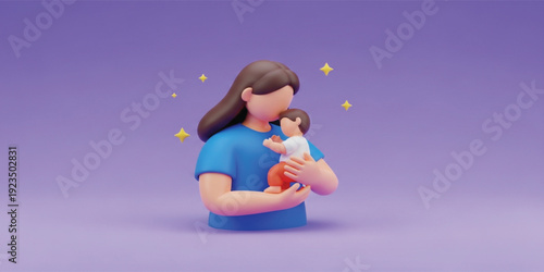 Tender 3D Mother Holding Baby Illustration with Loving Embrace, Sparkling Stars, Purple Background for Mother's Day, Family Bonding, Parenting, Newborn Care, Emotional Connection, 