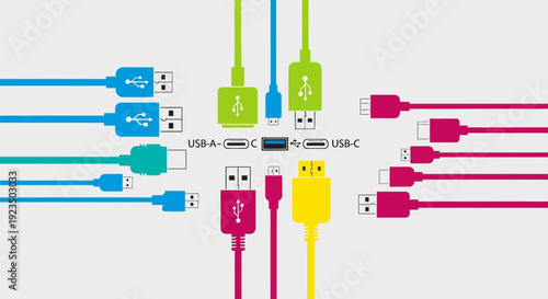 Various USB cables and connectors with different colors and types.