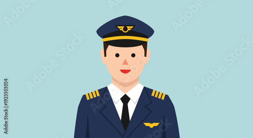 Cartoon illustration of a smiling male airline pilot in uniform.