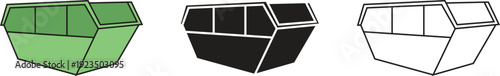 Skip bin vector Icon Illustration green, black and outline large skip bin open top waste container Icon design.