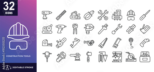 Construction tools line icon set