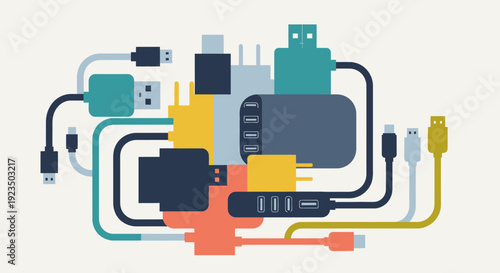 Colorful illustration of various computer cables and connectors.