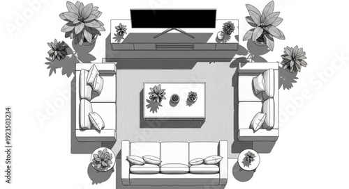 Top-down view of a modern living room with furniture and plants arrangement.