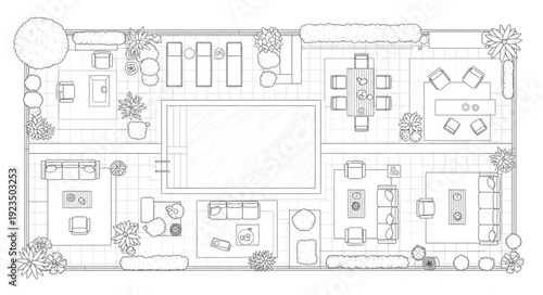 Detailed architectural blueprint of a modern outdoor living space with pool and dining area.