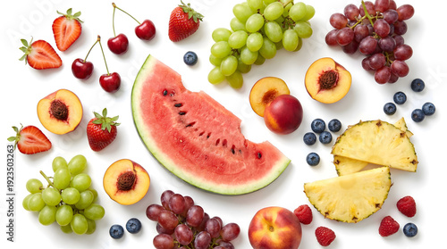 Assortment of fresh summer fruits including watermelon, strawberries, blueberries, grapes, peaches, pineapple, cherries, and raspberries on a white background, top view