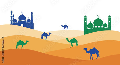 Desert landscape with camels and mosques illustration.