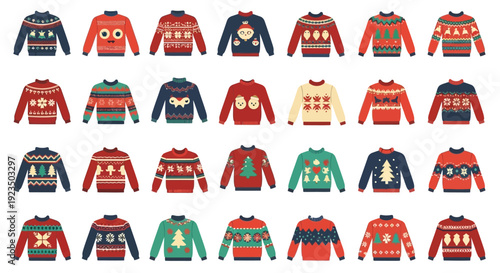Collection of colorful Christmas sweaters in various designs and patterns.