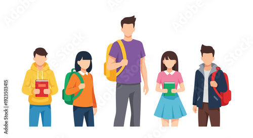 Group of diverse students standing together with books and backpacks.