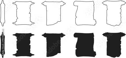 Vintage scroll frame collection with hand drawn parchment borders isolated on white and black background. Antique paper banner silhouettes in classic engraving style. Decorative outline set for 