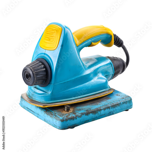 Old Blue and Yellow Electric Iron with Worn Base appliance