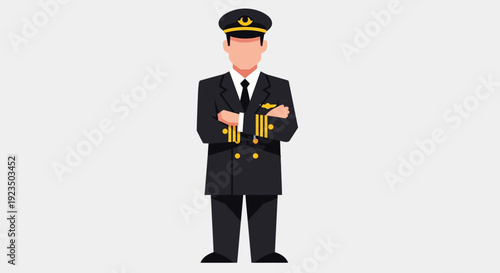 Cartoon illustration of a smiling pilot in uniform holding a pair of golden handcuffs.