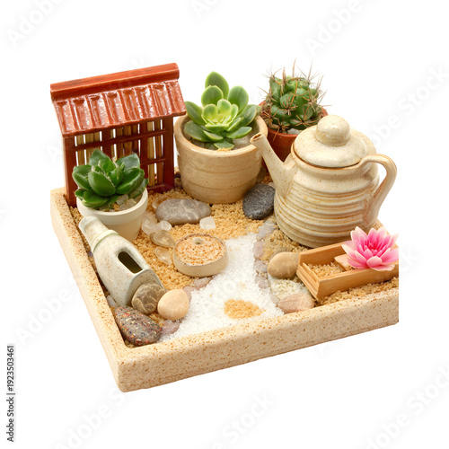 Miniature Zen Garden with Succulents and Teapot Keywords: zen garden, miniature garden