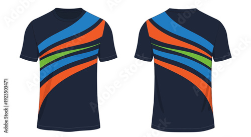Navy blue t-shirt with colorful diagonal stripes on front and back.