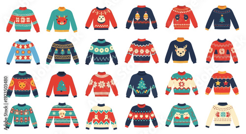 Collection of colorful cartoon sweaters with various patterns and designs.