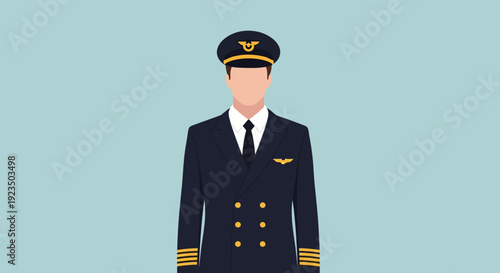 Male airline pilot in uniform standing against a light blue background.