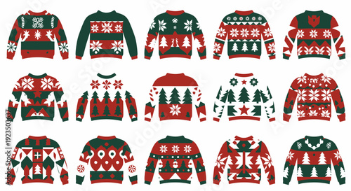 Collection of Christmas Sweaters with Various Festive Designs.