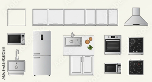 Modern kitchen appliances and cabinets arranged in a clean and organized display.