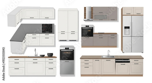 Modern kitchen cabinets and appliances showcasing contemporary design and functionality for home interiors.