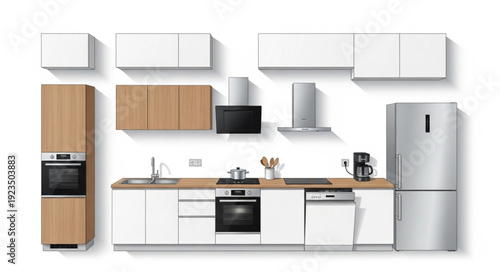 Modern kitchen design with white cabinets, wooden accents, and stainless steel appliances.