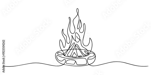 Burning fire pit continuous one line drawing, drawn fire pit illustrations in a black and white sketch style, Line art illustration depicting fire burning on rocks in stylized simple line art format.