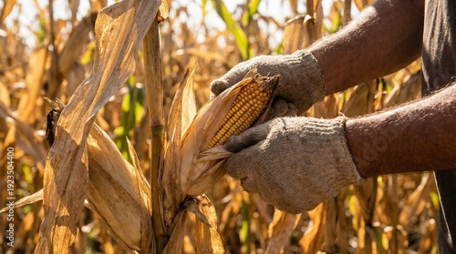 Farmer's gloved hands harvesting ripe golden maize corn from a dry stalk in a sunlit field, representing agricultural work and food production in African farmland