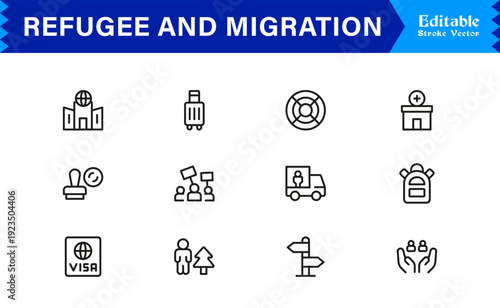 Refugee And Migration Professional Line Icon Set – Modern Minimal Outline Collection Featuring Pixel Perfect Editable Symbols Of Immigration, Displacement And Travel