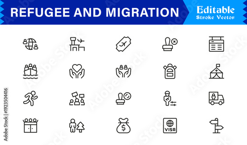 Refugee And Migration Professional Line Icon Set – Modern Minimal Outline Collection Featuring Pixel Perfect Editable Symbols Of Immigration, Displacement And Travel
