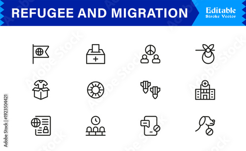 Refugee And Migration Professional Line Icon Set – Modern Minimal Outline Collection Featuring Pixel Perfect Editable Symbols Of Immigration, Displacement And Travel