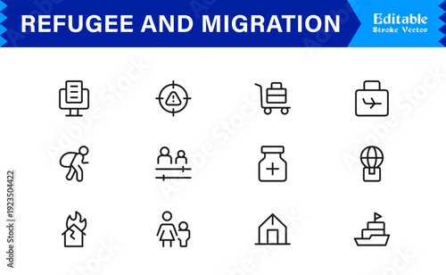Refugee And Migration Professional Line Icon Set – Modern Minimal Outline Collection Featuring Pixel Perfect Editable Symbols Of Immigration, Displacement And Travel