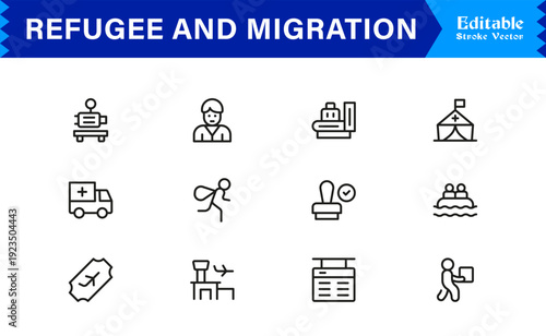 Refugee And Migration Professional Line Icon Set – Modern Minimal Outline Collection Featuring Pixel Perfect Editable Symbols Of Immigration, Displacement And Travel