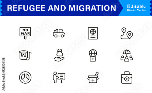 Refugee And Migration Professional Line Icon Set – Modern Minimal Outline Collection Featuring Pixel Perfect Editable Symbols Of Immigration, Displacement And Travel