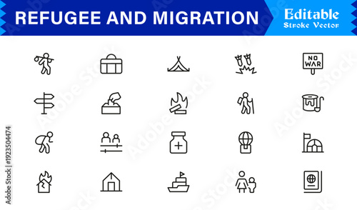 Refugee And Migration Professional Line Icon Set – Modern Minimal Outline Collection Featuring Pixel Perfect Editable Symbols Of Immigration, Displacement And Travel