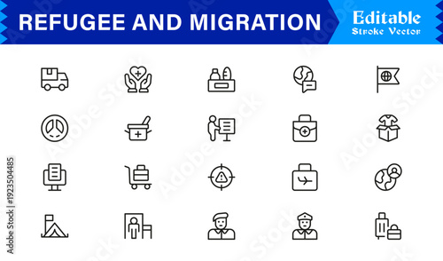 Refugee And Migration Professional Line Icon Set – Modern Minimal Outline Collection Featuring Pixel Perfect Editable Symbols Of Immigration, Displacement And Travel