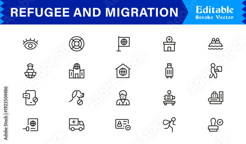 Refugee And Migration Professional Line Icon Set – Modern Minimal Outline Collection Featuring Pixel Perfect Editable Symbols Of Immigration, Displacement And Travel