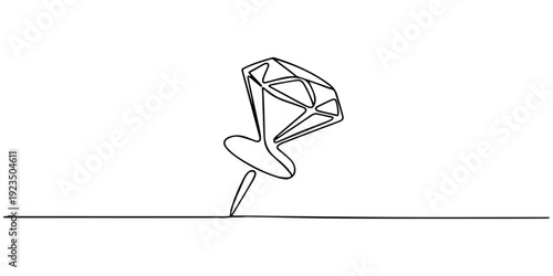 Elegant diamond push pin continuous one line drawing, diamond shaped push pin on a transparent background, perfect for presentations or design projects, Line art jewelry concept banner. Outline vector