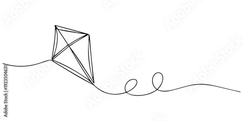 diamond kite continuous one line drawing, Minimalist one- line drawing of a geometric diamond kite with a simple string. Clean, modern, continuous line art style for contemporary design, One line art.