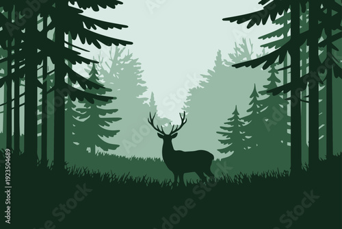 Deer in forest with fog and tree line