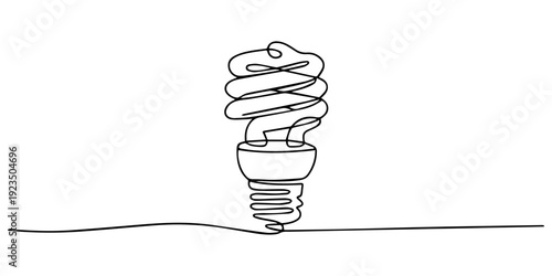Energy-efficient compact fluorescent light bulb continuous line drawing, Line art illustration showcasing an energy-efficient compact fluorescent lamp, emphasizing clean energy, light and eco-consciou